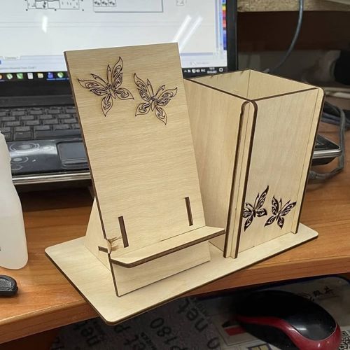 طرح خودکار جا مداد پایه گوشی برش لیزری - pen pencil holder phone stand laser cut ve - برای دستگاه CNC چوب و لیزر (سی ان سی)