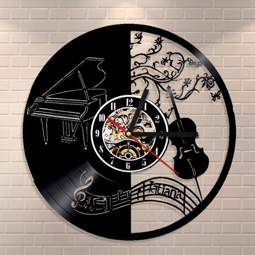 طرح الگوی ساعت دیواری وینیل پیانو و ویولن برای برش لیزری - piano and violin vinyl wall clock template for laser cut ve - برای دستگاه CNC چوب و لیزر (سی ان سی)