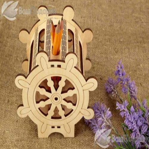 طرح جا قلمی چرخ کشتی دریایی برش لیزری - ship wheel nautical pen holder laser cut ve - برای دستگاه CNC چوب و لیزر (سی ان سی)