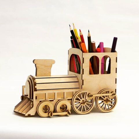 طرح خودکار لوکوموتیو بخار با پول - steam locomotive pen organizer with bank ve - برای دستگاه CNC چوب و لیزر (سی ان سی)