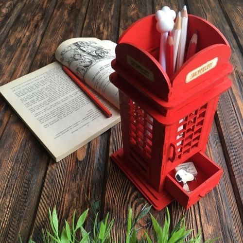 طرح کیوسک تلفن مداد جا خودکار با کشو برش لیزری - telephone booth pencil pen holder with drawer laser cut ve - برای دستگاه CNC چوب و لیزر (سی ان سی)
