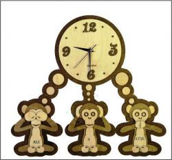 طرح ساعت دیواری سه میمون را برای برش لیزر cnc نیاز به نمایش می‌گذارد - the wall clock shows three monkeys for laser cut cnc - برای دستگاه CNC چوب و لیزر (سی ان سی)