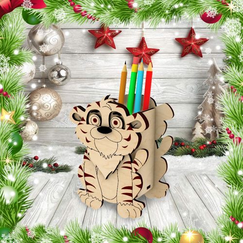طرح جا قلمی طرح برش لیزری سال تایگر - tiger year 2022 pen holder for laser cut ve - برای دستگاه CNC چوب و لیزر (سی ان سی)