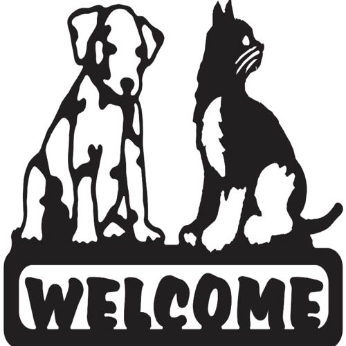 طرح تابلوی خوش آمدید سگ و گربه هنرهای فلزی - welcome sign dog and cat metal arts - برای دستگاه CNC چوب و لیزر (سی ان سی)