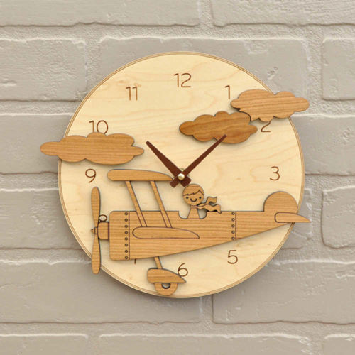 طرح ساعت دیواری اتاق کودک چوبی مدل هواپیما تزئین - wooden airplane clock kids room wall clock decor ve - برای دستگاه CNC چوب و لیزر (سی ان سی)