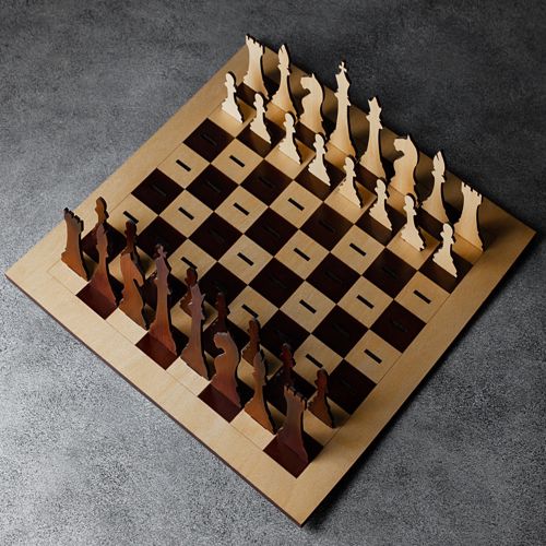 طرح تخته شطرنج چوبی و مهره‌های میلی‌متری ورژن - wooden chess board and pieces 4mm ve - برای دستگاه CNC چوب و لیزر (سی ان سی)