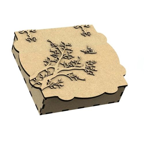 طرح جعبه کادوی چوبی با طرح درخت و پروانه سه بعدی روی درب لیزر - wooden gift box with 3d tree and butterfly on lid laser cut - برای دستگاه CNC چوب و لیزر (سی ان سی)