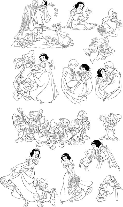 طرح خطی سفید برفی و هفت کوتوله مناسب برای استفاده در دستگاه های cnc چوب و cnc لیزر - snow white and the seven dwarfs line art cdr file