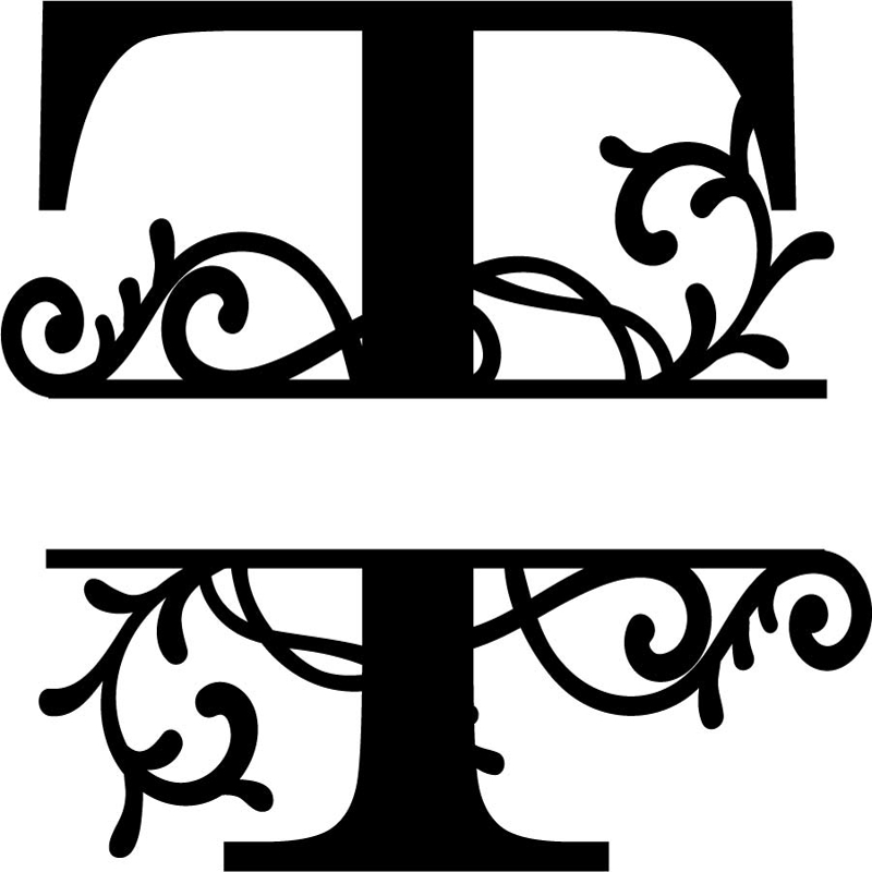 طرح مونوگرام شکفته حرف T مناسب برای استفاده در دستگاه های cnc چوب و cnc لیزر - flourished split monogram t letter eps file