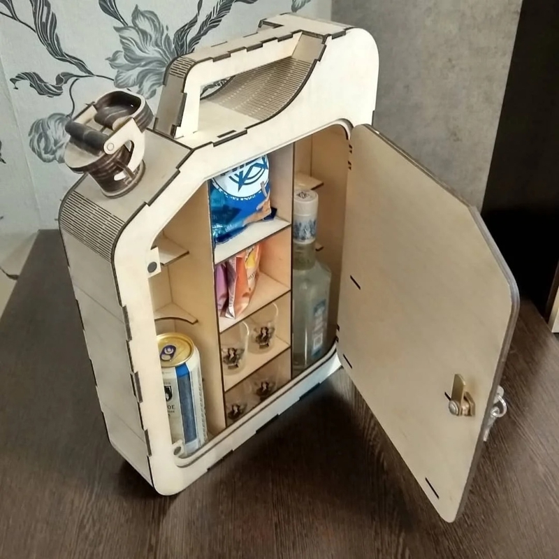 طرح قوطی سوخت جری مناسب برای استفاده در دستگاه های cnc چوب و cnc لیزر - laser cut jerry can mini bar fuel canister mini bar dxf file