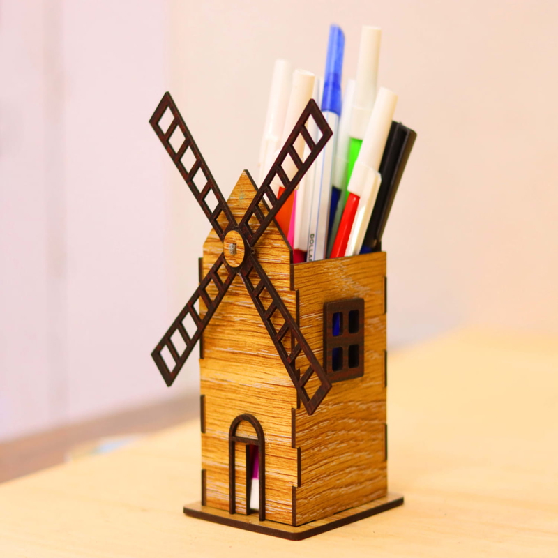 طرح جا مدادی آسیاب بادی مناسب برای استفاده در دستگاه های cnc چوب و cnc لیزر - laser cut windmill pen pencil holder cdr file