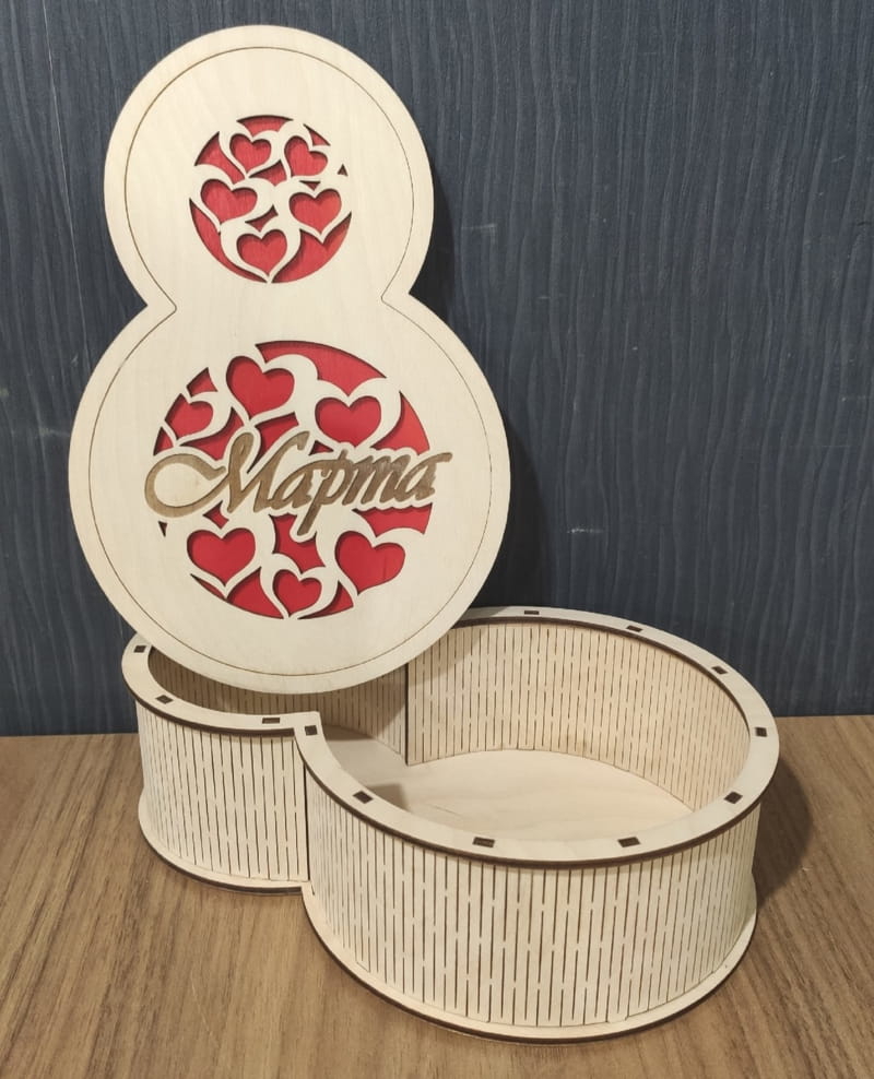 طرح جعبه هدیه چوبی هشتم مارس مناسب برای استفاده در دستگاه های cnc چوب و cnc لیزر - laser cut wooden 8 march gift box cdr file