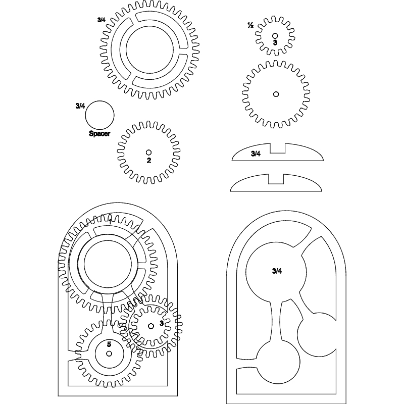 طرح ساعت چرخ دنده چوبی مناسب برای استفاده در دستگاه های cnc چوب و cnc لیزر - wooden gear clock dxf file