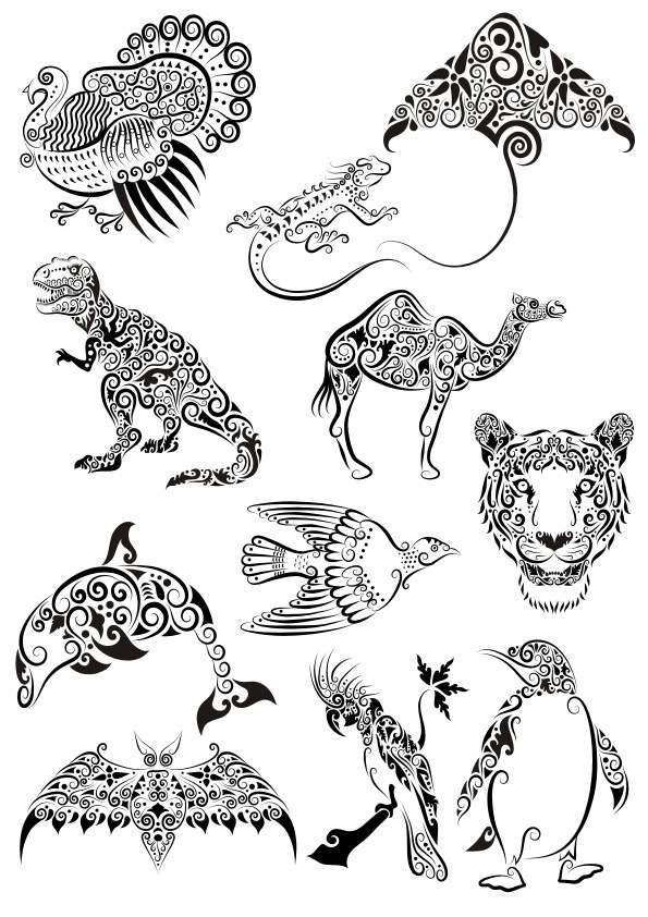 طرح فایل وکتور خالکوبی حیوانات زینتی مناسب برای استفاده در دستگاه های cnc چوب و cnc لیزر - ornament animals tattoo vectors pack cdr file