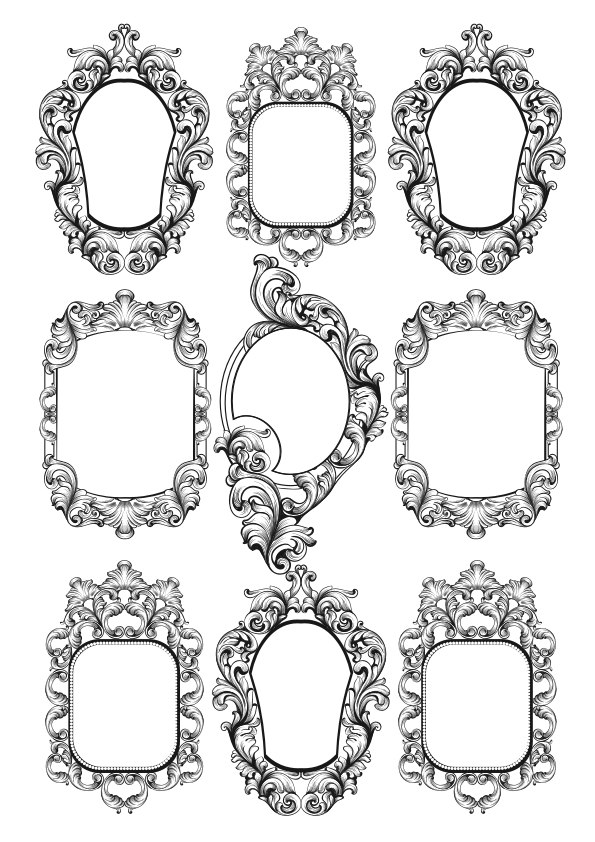 طرح مجموعه قاب‌های باروک، مناسب برای استفاده در دستگاه های cnc چوب و cnc لیزر - baroque frames set cdr file