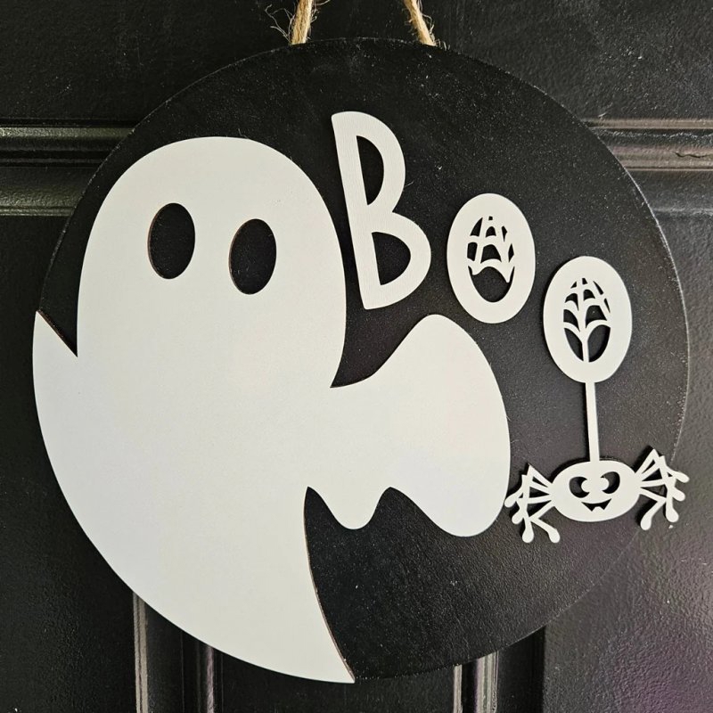طرح آویز درب طرح روح هالووین با مناسب برای استفاده در دستگاه های cnc چوب و cnc لیزر - laser cut halloween boo ghost door hanger