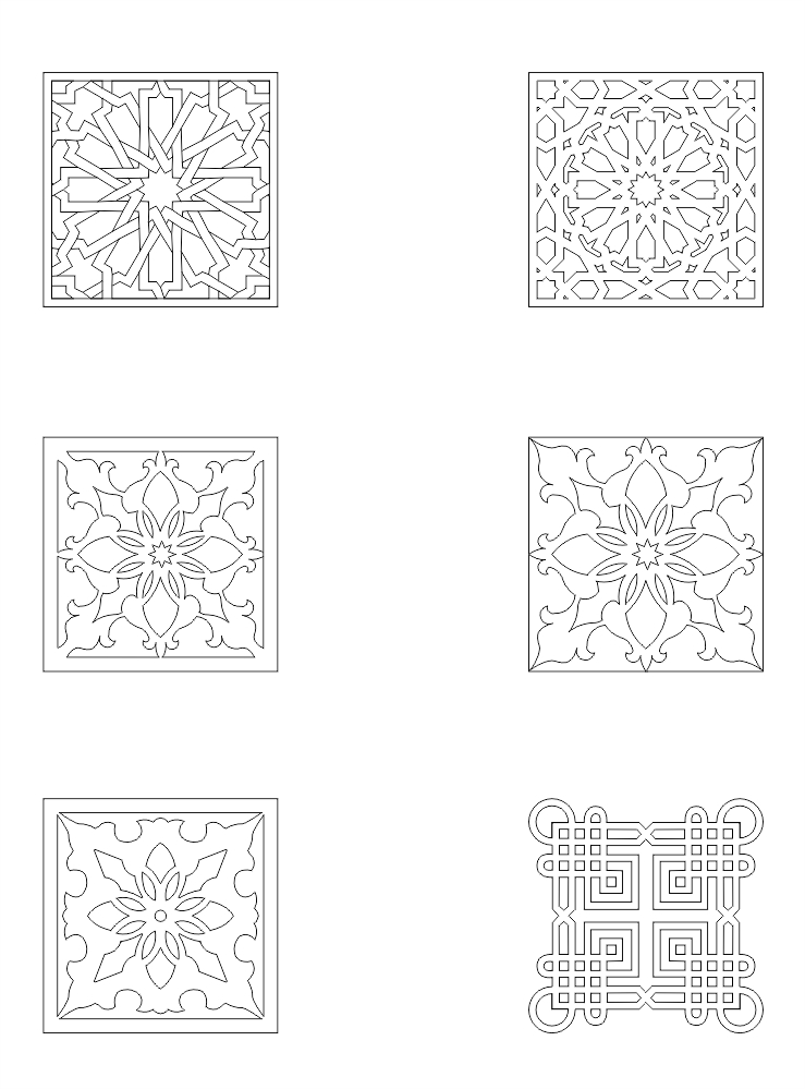 طرح مجموعه ای از تزئینات مربعی با مناسب برای استفاده در دستگاه های cnc چوب و cnc لیزر - collection of square ornaments dxf file