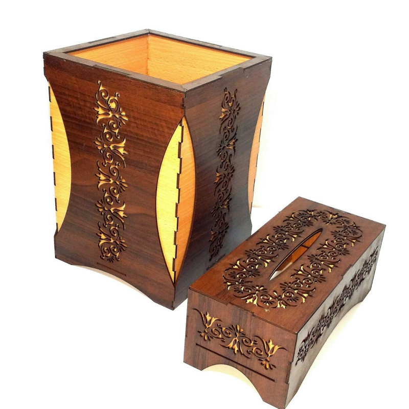 طرح جا دستمال کاغذی و سطل زباله درجه یک مناسب برای استفاده در دستگاه های cnc چوب و cnc لیزر - laser cut premium tissue holder and trash bin set cdr file