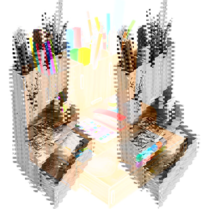 طرح سازمان دهنده رومیزی چند منظوره جا قلمی رومیزی قفسه نگهداری ثابت برای دفتر کار خانگی مناسب برای استفاده در دستگاه های cnc چوب و cnc لیزر - laser cut desktop organizer multifunctional pen holder desktop stationary storage rack for home office cdr file