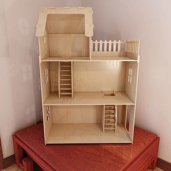 طرح خانه عروسکی چوبی سه طبقه مناسب برای استفاده در دستگاه های cnc چوب و cnc لیزر - laser cut wooden dollhouse with 3 floors dxf file