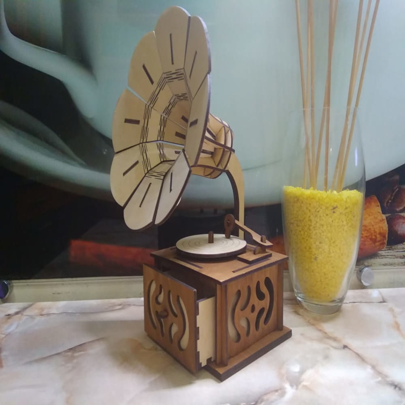 طرح پازل سه بعدی گرامافون مناسب برای استفاده در دستگاه های cnc چوب و cnc لیزر - laser cut gramophone 3d puzzle cdr file