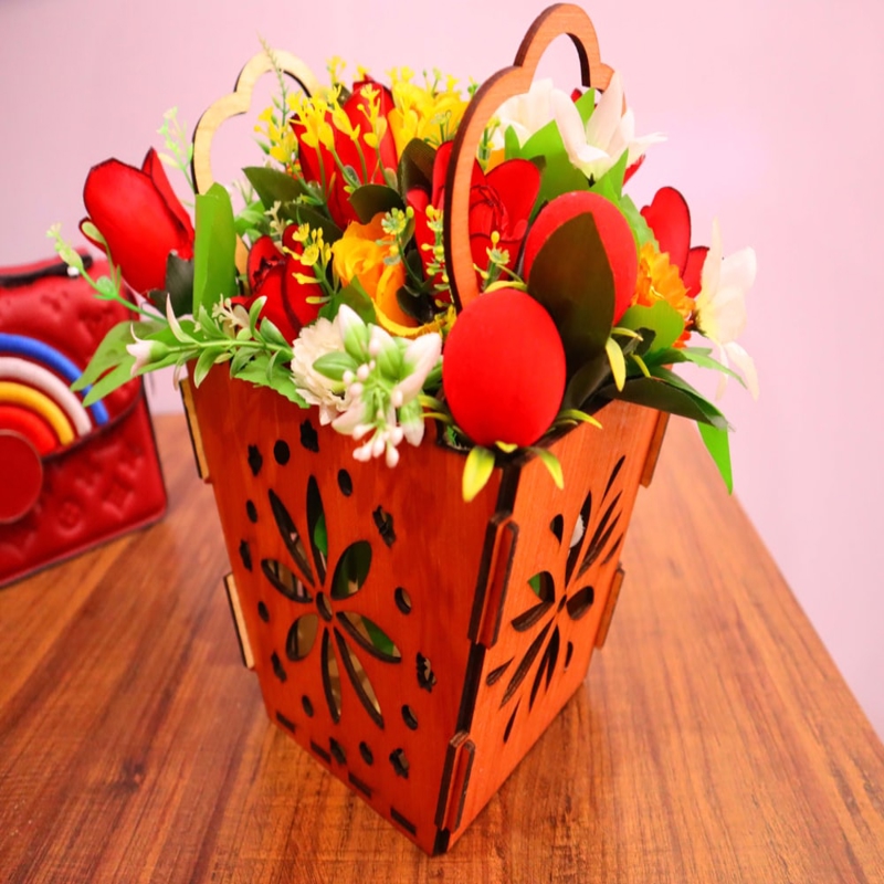 طرح سبد گل با دسته ۴ میلی‌متری مناسب برای استفاده در دستگاه های cnc چوب و cnc لیزر - laser cut flower basket with handle 4mm cdr file