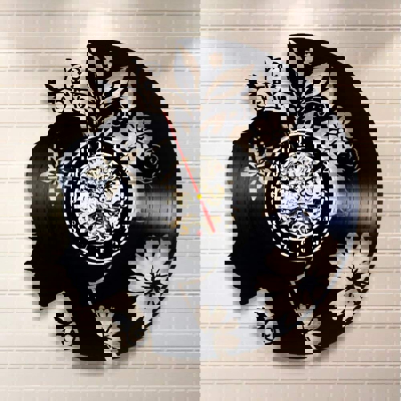 طرح ساعت دیواری وینیل طرح گل دخترانه مناسب برای استفاده در دستگاه های cnc چوب و cnc لیزر - laser cut flowers girl vinyl record wall clock cdr file