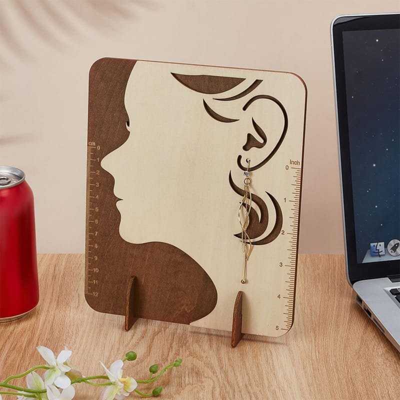 طرح پایه نمایش اندازه گیری گوشواره ، پایه نمایش دهنده گوشواره چوبی چاپ شده زنانه با مقیاس مناسب برای استفاده در دستگاه های cnc چوب و cnc لیزر - laser cut earring measurement display stand woman printed wood earring organizer display stands with scales