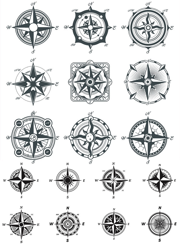 طرح مجموعه قطب نمای گل رز بادی مناسب برای استفاده در دستگاه های cnc چوب و cnc لیزر - wind roses compass rose set cdr file