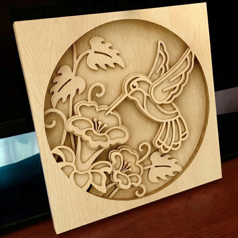 طرح چوب مرغ مگس‌خوار مناسب برای استفاده در دستگاه های cnc چوب و cnc لیزر - laser cut hummingbird layered wood art cdr file