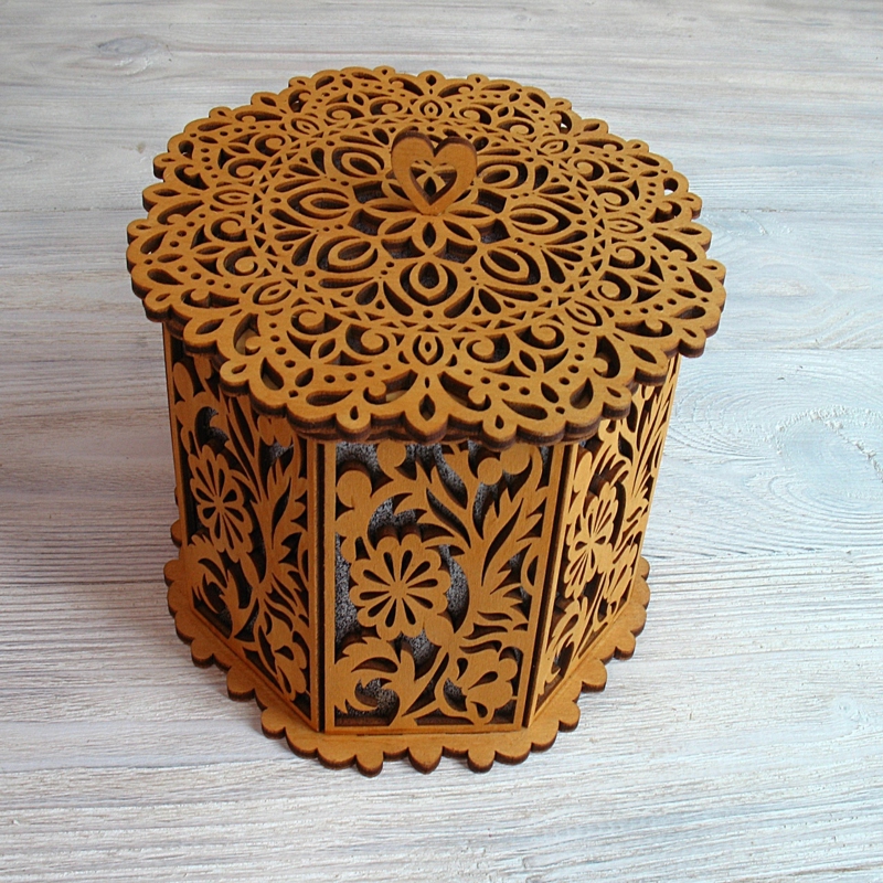 طرح سبد تزئینی با درب هشت ضلعی سبد مناسب برای استفاده در دستگاه های cnc چوب و cnc لیزر - laser cut decorative basket with lid octagon basket cdr file
