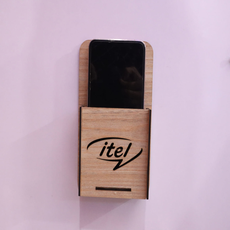 طرح پایه نگهدارنده موبایل دیواری با طرح لوگوی شرکت itel مناسب برای استفاده در دستگاه های cnc چوب و cnc لیزر - laser cut wall mounted mobile holder with itel logo cdr file