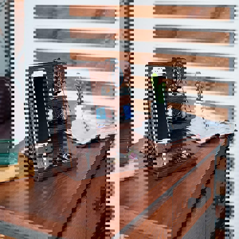 طرح پایه گوشی، جاکلیدی، کیف پول، نظم دهنده ساعت، هدیه مردانه برای شوهر و پدر، مناسب برای استفاده در دستگاه های cnc چوب و cnc لیزر - laser cut phone docking station ash key holder wallet stand watch organizer men gift for husband father cdr file