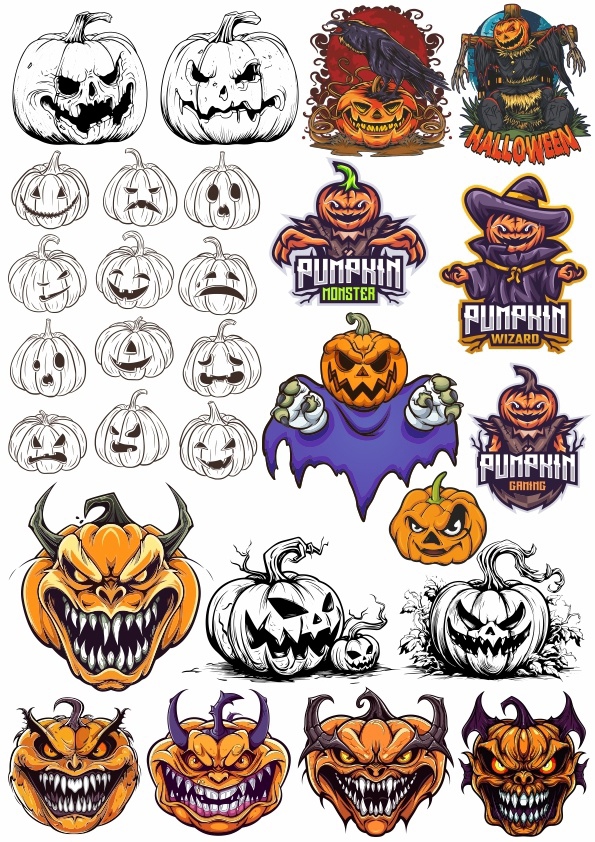 طرح مجموعه کدوهای هالووین مناسب برای استفاده در دستگاه های cnc چوب و cnc لیزر - halloween pumpkins set cdr file