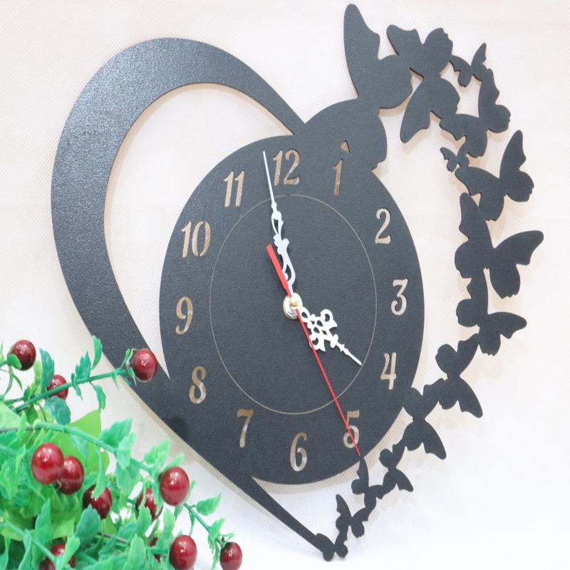 طرح فایل ساعت دیواری طرح قلب پروانه مناسب برای استفاده در دستگاه های cnc چوب و cnc لیزر - laser cut butterfly heart wall clock cdr file