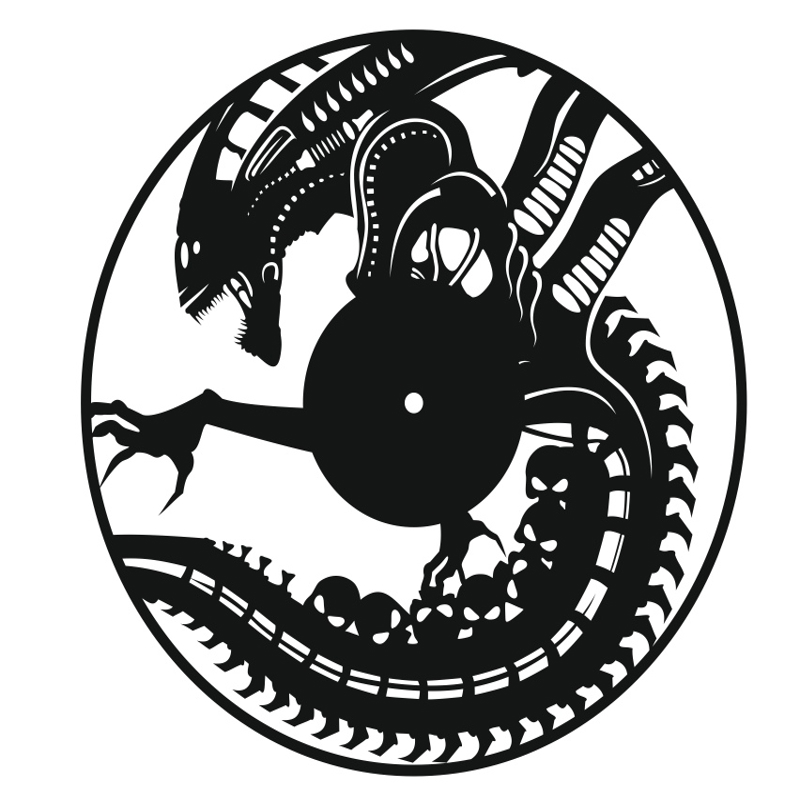 طرح ساعت دیواری وینیل طرح بیگانه مناسب برای استفاده در دستگاه های cnc چوب و cnc لیزر - alien vinyl record wall clock laser cut template cdr file