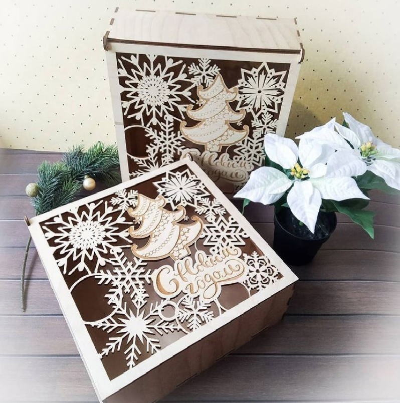 طرح جعبه هدیه چوبی مخصوص شب کریسمس، با ابعاد ۲۵۰x۲۵۰x۸۰ مناسب برای استفاده در دستگاه های cnc چوب و cnc لیزر - laser cut wooden christmas eve box decorative holiday gift box 250x250x80 cdr file