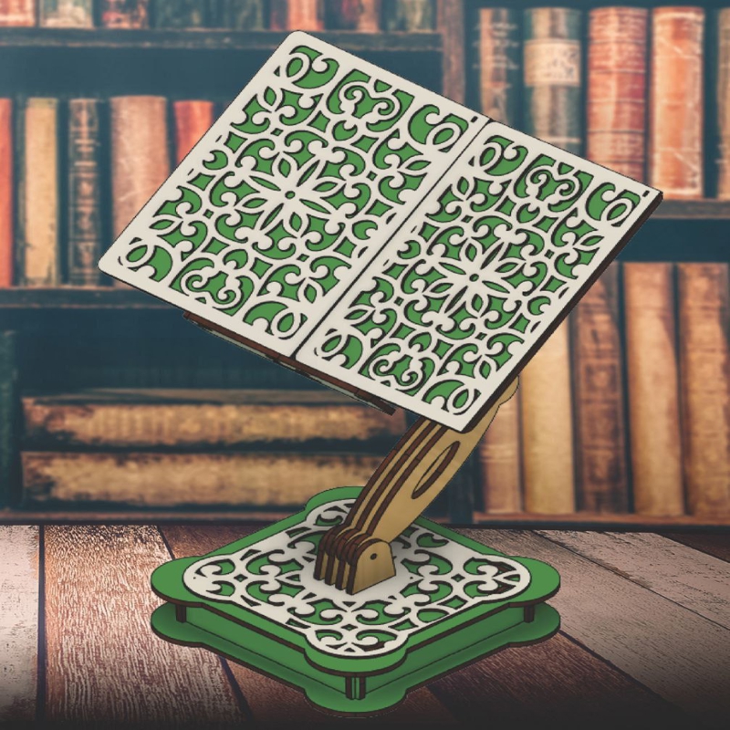 طرح پایه قرآن چوبی قابل تنظیم مناسب برای استفاده در دستگاه های cnc چوب و cnc لیزر - laser cut adjustable wooden quran stand rehal cdr file