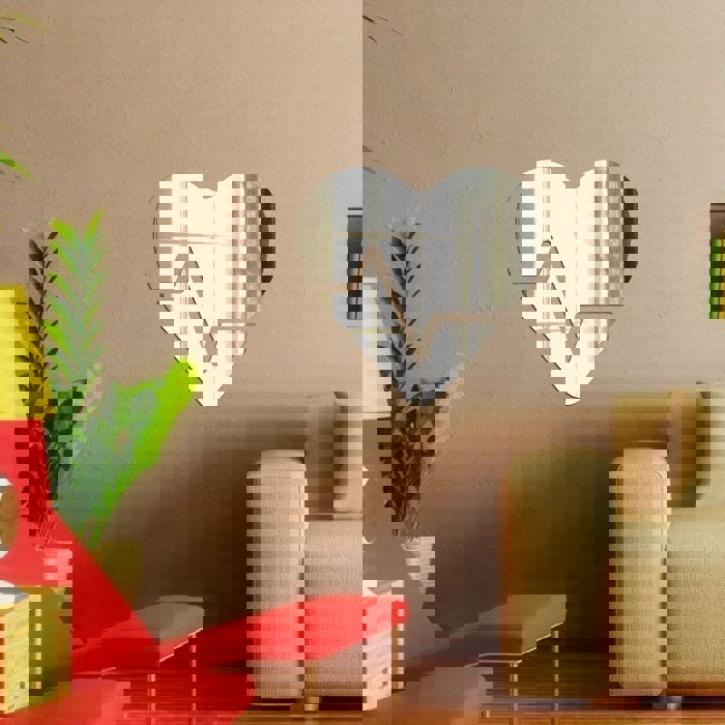 طرح قلب با ضربان قلب، دکور دیواری آینه اکریلیک مناسب برای استفاده در دستگاه های cnc چوب و cnc لیزر - laser cut heart with heartbeat acrylic mirror wall decor