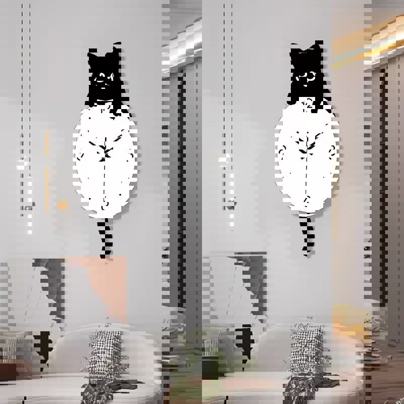 طرح ساعت دیواری اکریلیک طرح گربه با ، دکور اتاق کودک مناسب برای استفاده در دستگاه های cnc چوب و cnc لیزر - laser cut acrylic cartoon cat wall clock kids room cat decor