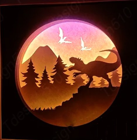 طرح جعبه نور و سایه دایناسور کاغذی مناسب برای استفاده در دستگاه های cnc چوب و cnc لیزر - laser cut paper dinosaurs light box shadow box cdr file