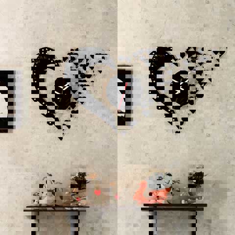 طرح فایل ساعت دیواری طرح عشق قلب های پرنده مناسب برای استفاده در دستگاه های cnc چوب و cnc لیزر - laser cut love design flying hearts wall clock cdr file