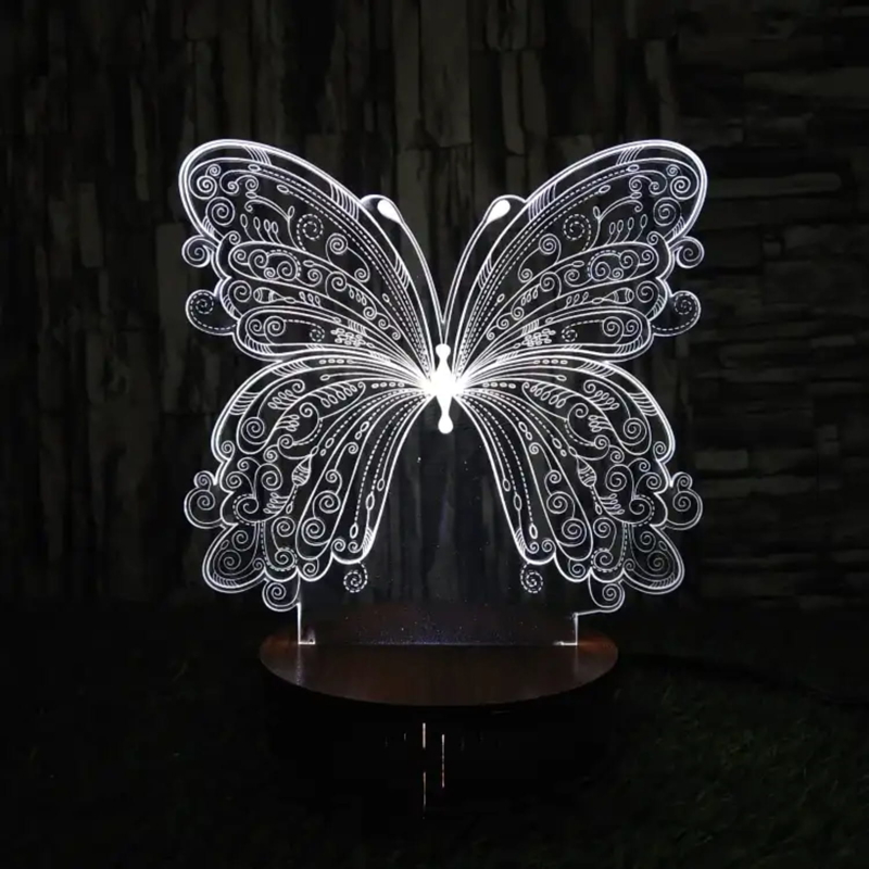 طرح چراغ خواب سه بعدی طرح پروانه مناسب برای استفاده در دستگاه های cnc چوب و cnc لیزر - laser cut butterfly 3d optical illusion night lamp cdr file