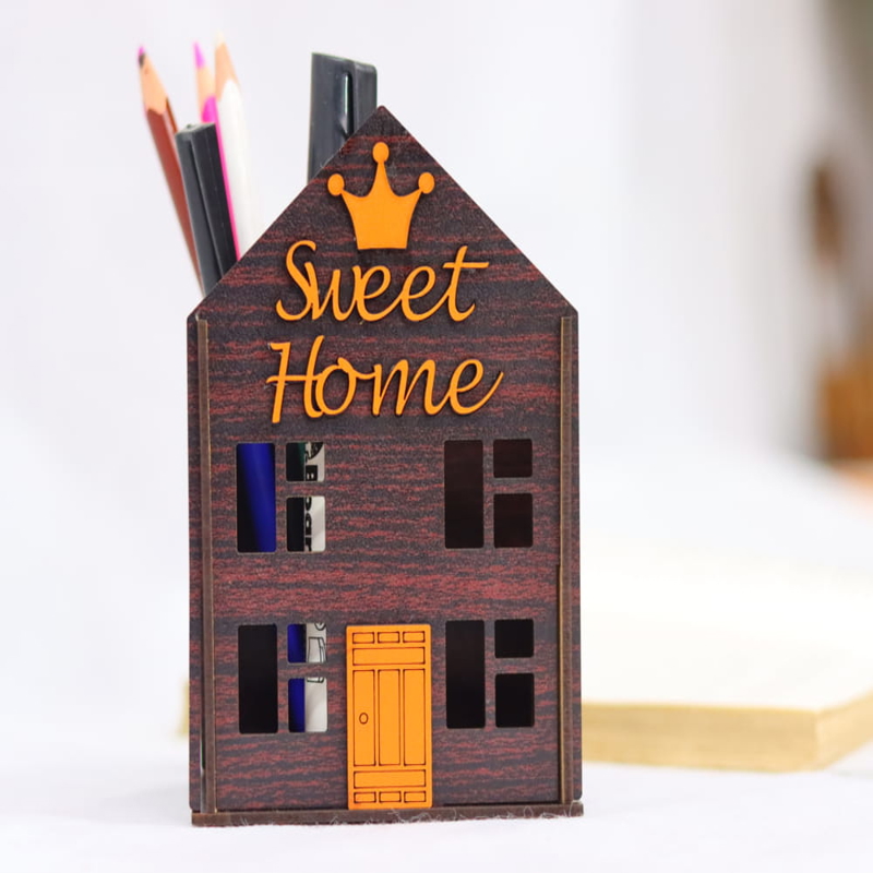 طرح جا خودکاری به شکل خانه مناسب برای استفاده در دستگاه های cnc چوب و cnc لیزر - laser cut house shaped pen holder cdr file