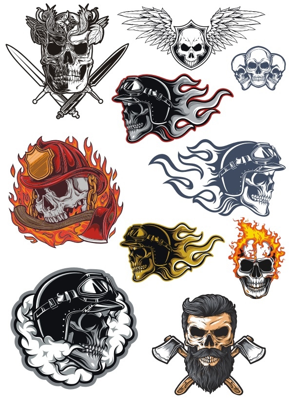 طرح وکتور طرح جمجمه مناسب برای استفاده در دستگاه های cnc چوب و cnc لیزر - skull illustration vector art set cdr file