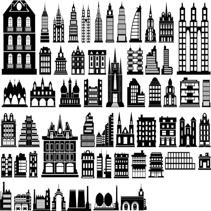 طرح وکتور سیلوئت ساختمان مناسب برای استفاده در دستگاه های cnc چوب و cnc لیزر - building silhouette vector cdr file