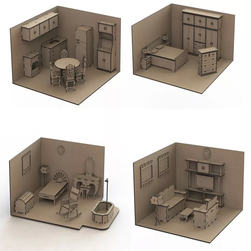 طرح مبلمان خانه عروسکی ام دی اف مناسب برای استفاده در دستگاه های cnc چوب و cnc لیزر - furniture set doll house mdf laser cut cdr file