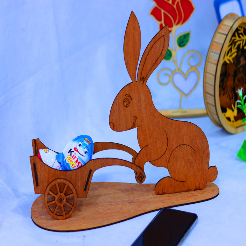 طرح سه بعدی سبد خرید خرگوش عید پاک مناسب برای استفاده در دستگاه های cnc چوب و cnc لیزر - laser cut easter bunny cart 3mm cdr file