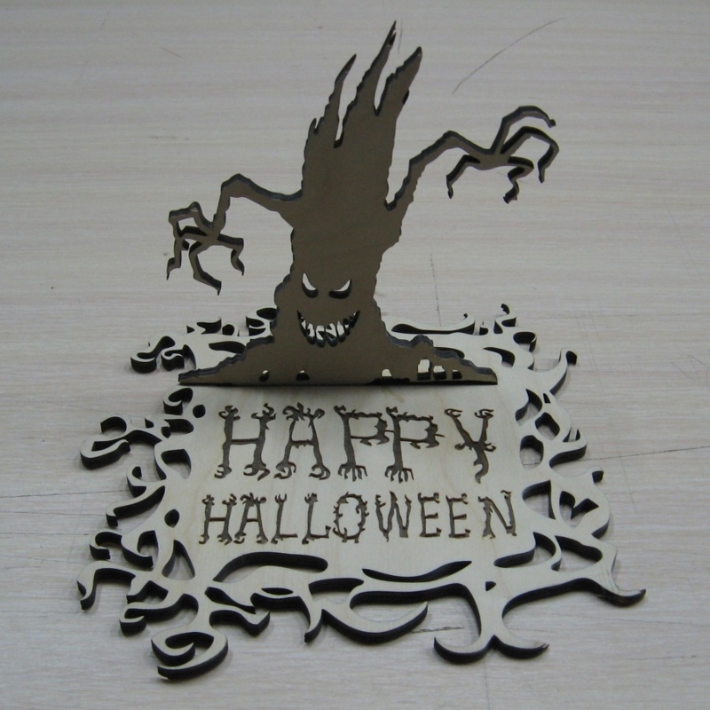 طرح تابلو چوبی ایستاده هالووین مبارک مناسب برای استفاده در دستگاه های cnc چوب و cnc لیزر - laser cut happy halloween standing decor wooden sign cdr file