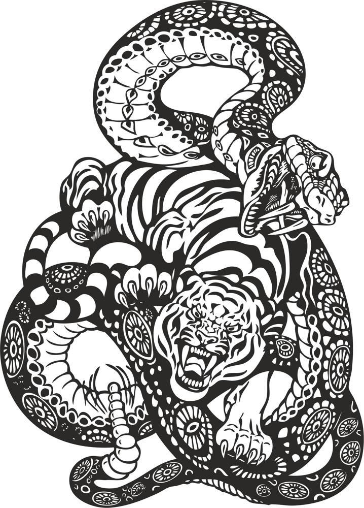 طرح فایل وکتور هنری مبارزه مار و ببر مناسب برای استفاده در دستگاه های cnc چوب و cnc لیزر - snake and tiger fight vector art cdr file